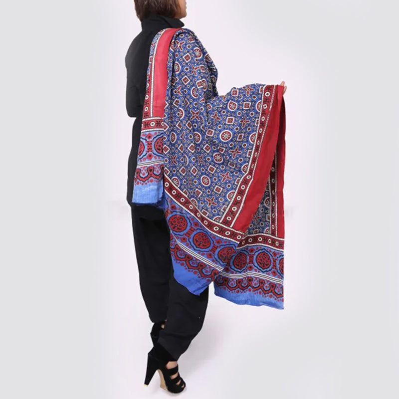 Red and Blue Cotton Sindhi Ajrak Shawl For Her