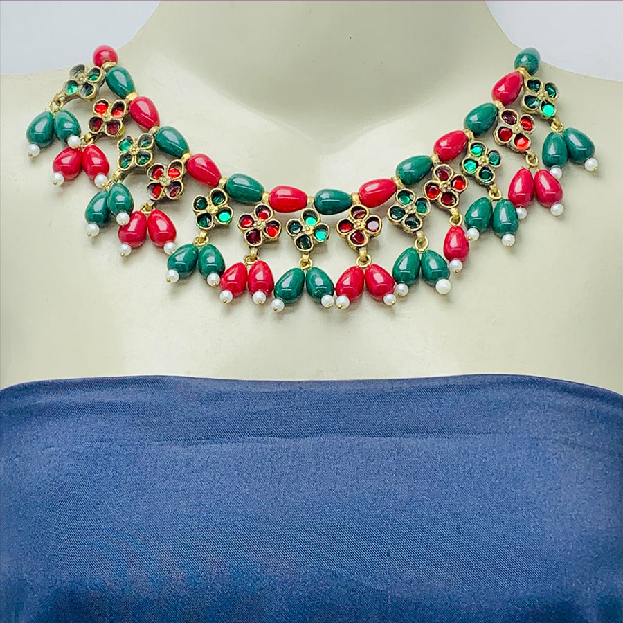 Red and Green Beaded Statement Choker Necklace