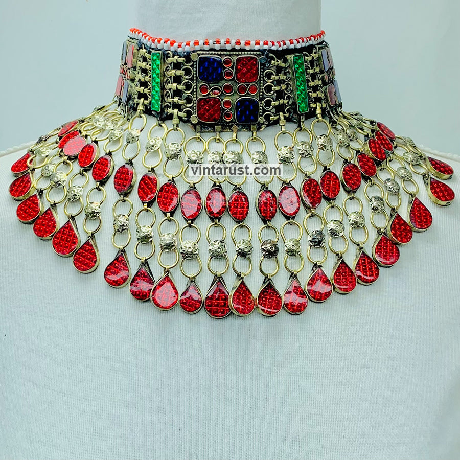 Red Glass Stones Vintage Collar Choker Necklace