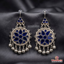 Load image into Gallery viewer, Silver Jhumka Style Blue Glass Stone Earrings
