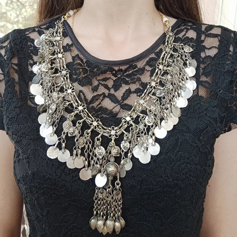 Silver Gypsy Kuchi Necklace With Vintage Coins