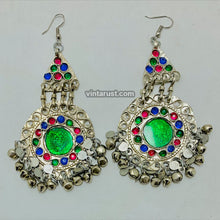 Load image into Gallery viewer, Silver Kuchi Earrings With Glass Stones and Bells
