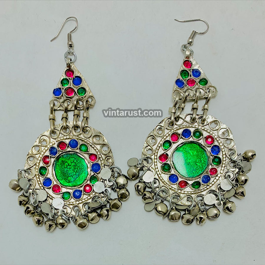 Silver Kuchi Earrings With Glass Stones and Bells