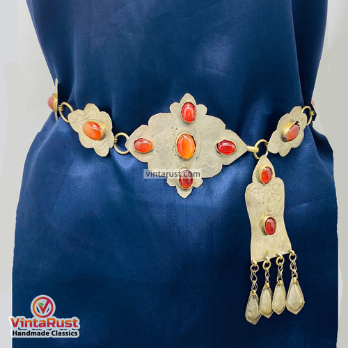 Silver Kuchi Turkman Belt With Brown Glass Stones