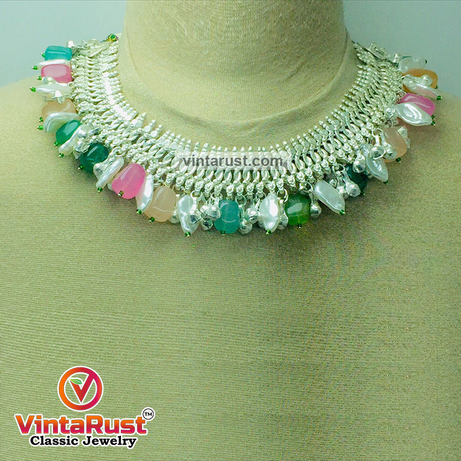 Silver Metallic Statement Choker Necklace With Multicolor Stones
