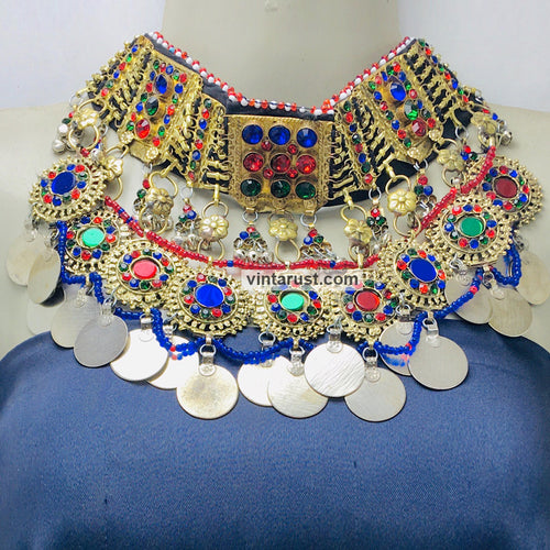 Statement Choker Necklace With Multicolor Glass Stones