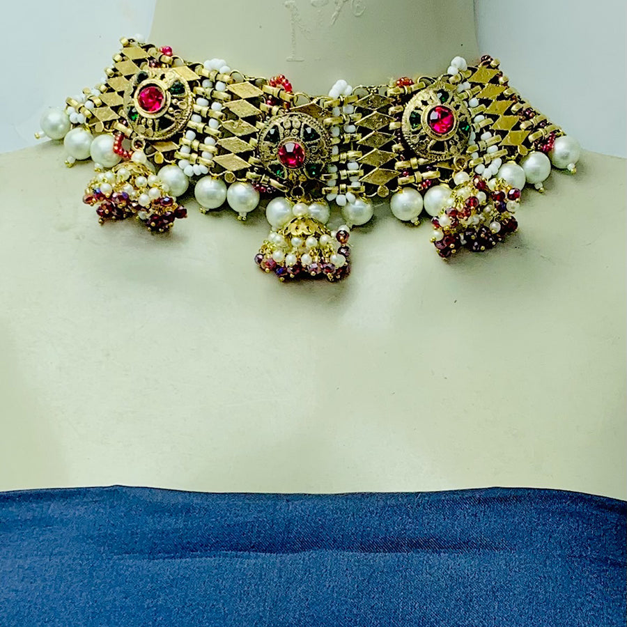 Statement Collar Choker With Multicolor Beads And Pearls