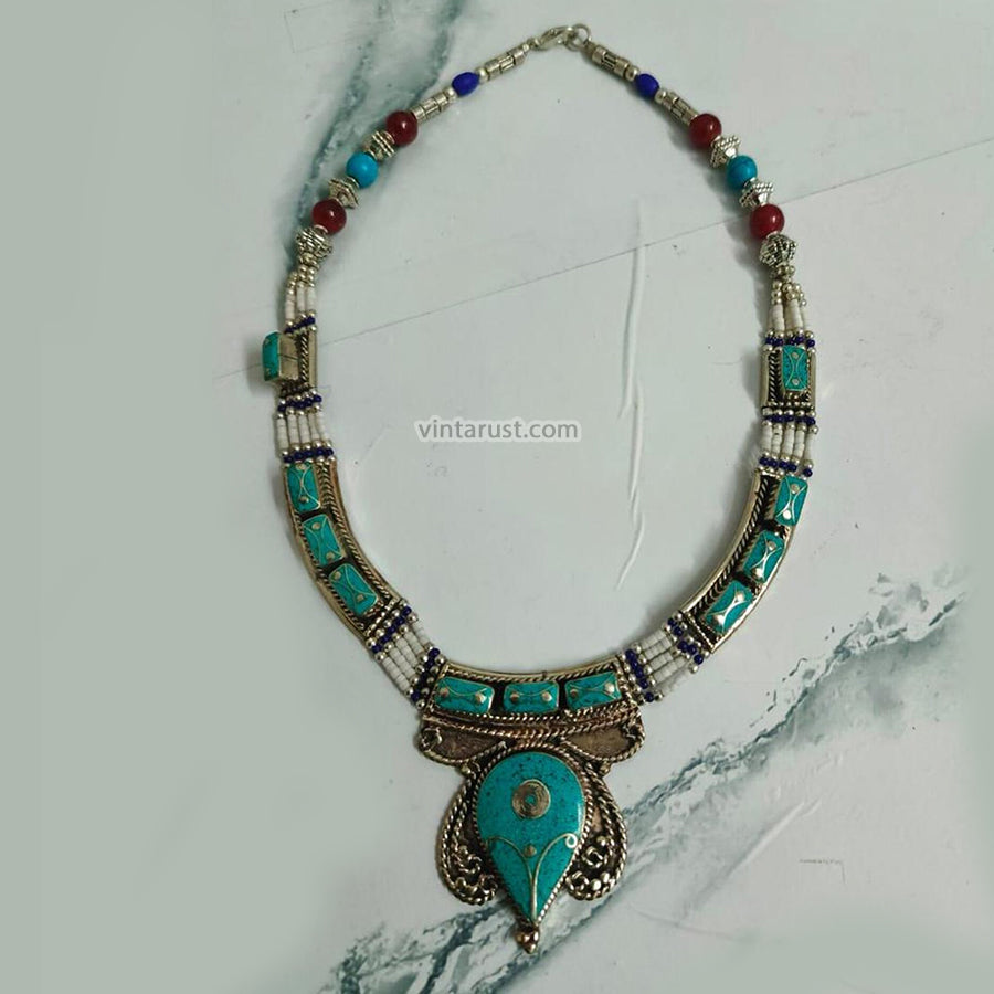 Statement Turquoise Nepalese Tribal Choker Necklace
