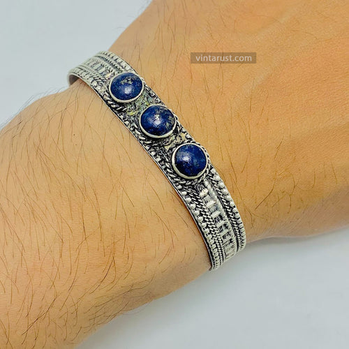 Tibetan Antiqued Lapis Lazuli Tiger Eye Cuff Bracelet