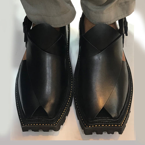 Traditional Black Shine Peshawari Kaptaan Chappal