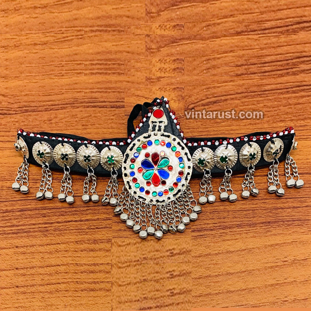 Handmade Matha Patti With Multicolor Glass Stone and Bells, VintageHeadpiece, Handmade Matha Patti With Multicolor Glass Stone Hairpiece  main image 3
