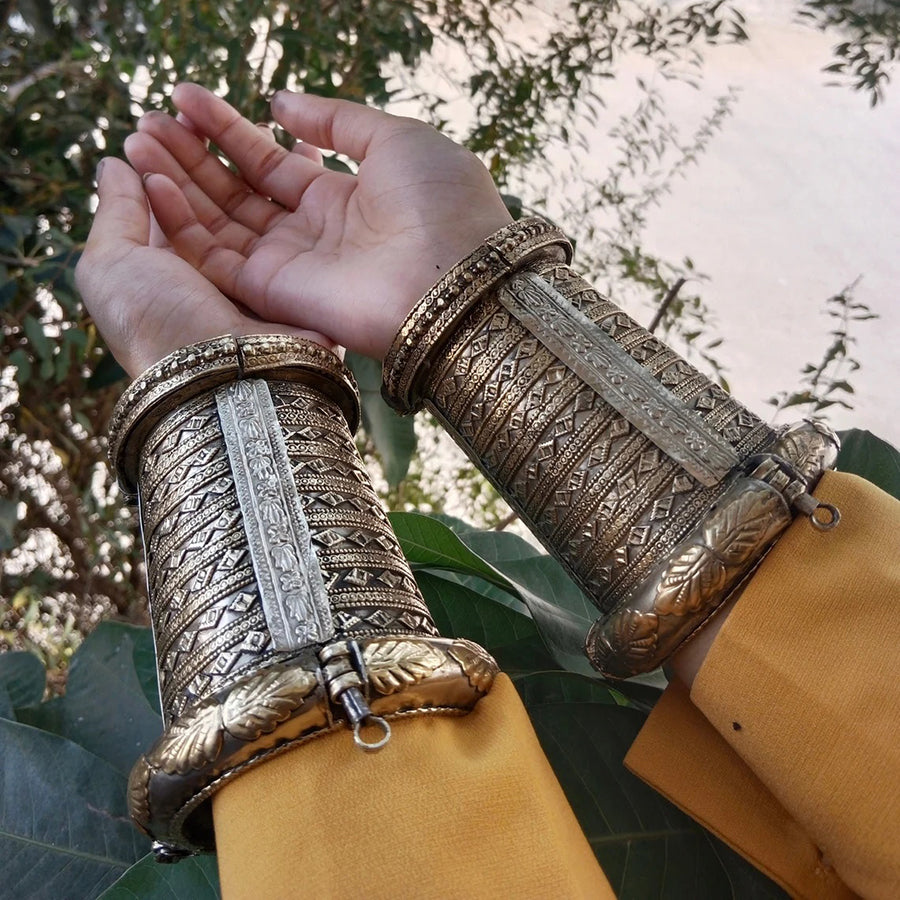 Tribal Golden Massive Handcuff Hinged Bracelet