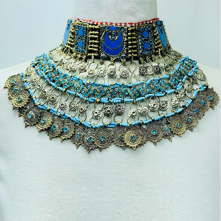 Tribal Choker Necklace With Turquoise Glass Stones