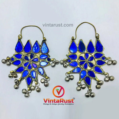 Tribal Glass Stones Floral Earrings With Silver Bells