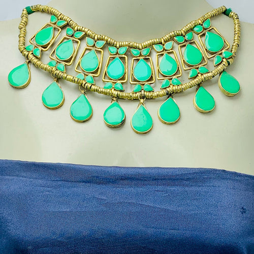 Tribal Green Stone Choker Necklace With Earrings