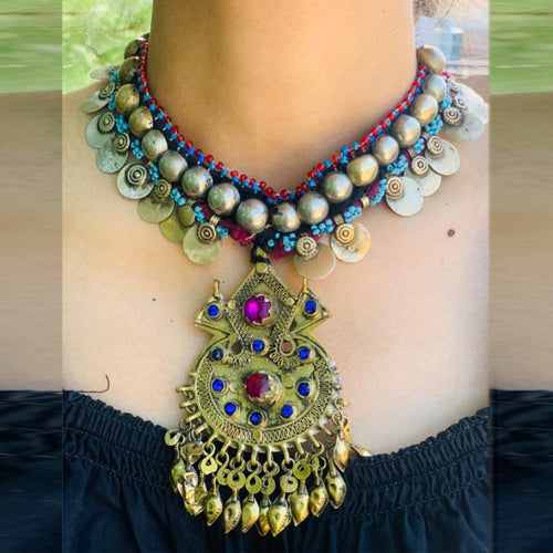 Tribal Kuchi Necklace With Multicolor Glass Stones