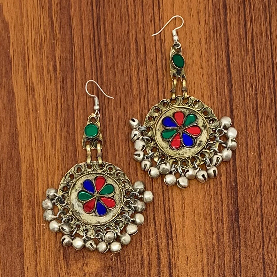 Tribal Earrings With Glass Stones and Bells