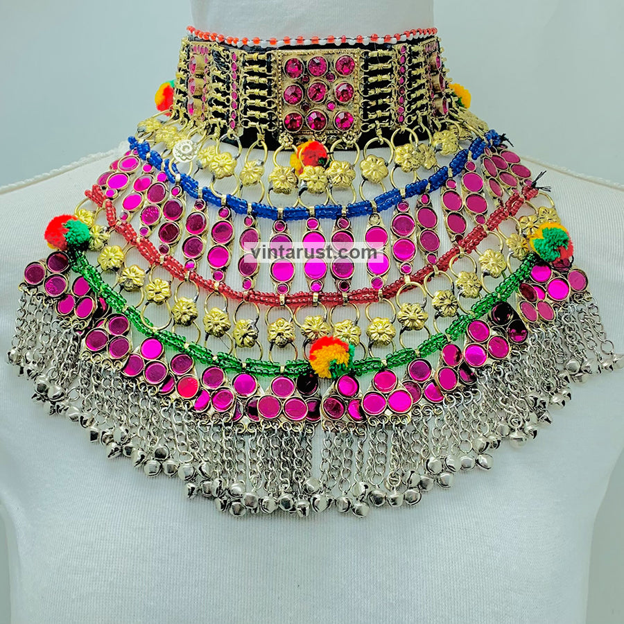 Tribal Oversized Pink Glass Stones Choker Necklace