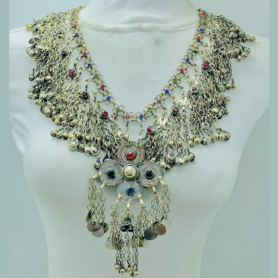 Tribal Silver Bib Necklace With Glass Stones