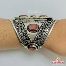 Load image into Gallery viewer, Tribal Silver Handcuff Bracelet with Brown Stones
