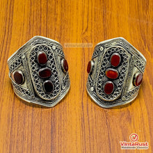 Load image into Gallery viewer, Tribal Silver Handcuff Bracelet with Brown Stones
