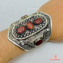 Load image into Gallery viewer, Tribal Silver Handcuff Bracelet with Brown Stones
