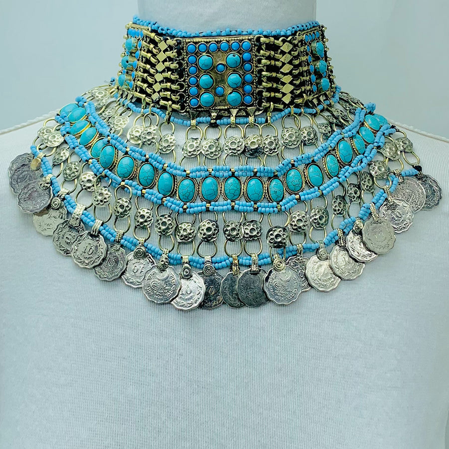 Turquoise Beaded Choker Necklace With Coins