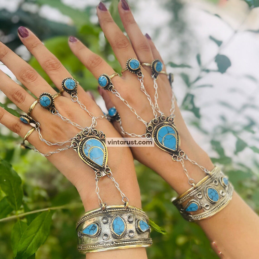 Vintage Turquoise Stone Slave Bracelet with Rings