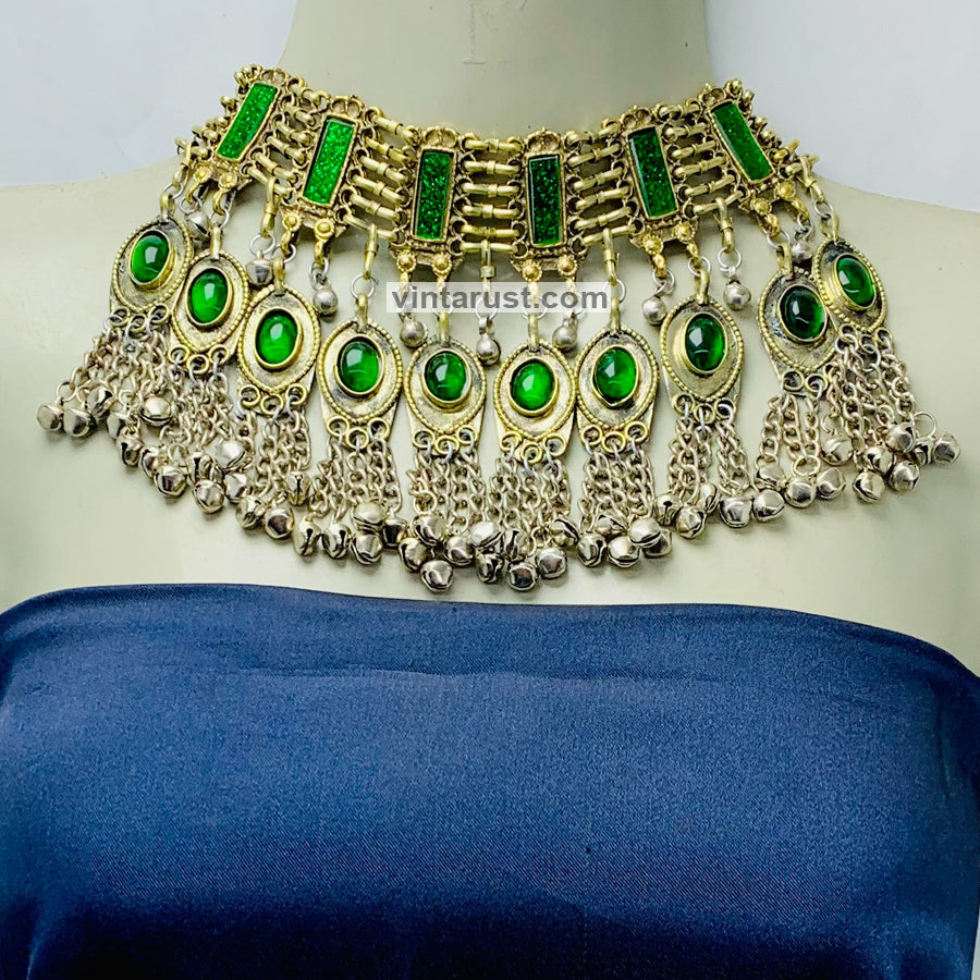 Unique Green Glass Stones and Bells Necklace