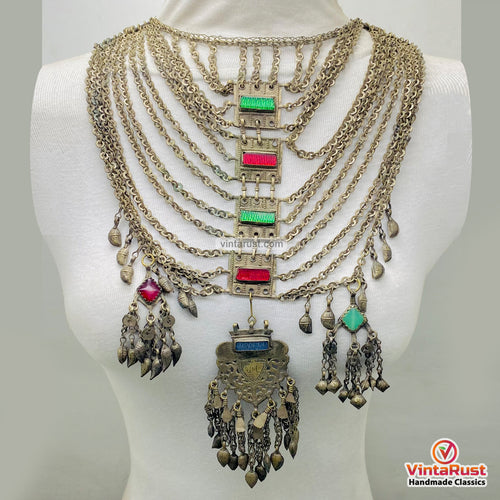 Vintage Afghan Tribal Multilayer Necklace with Glass Stones