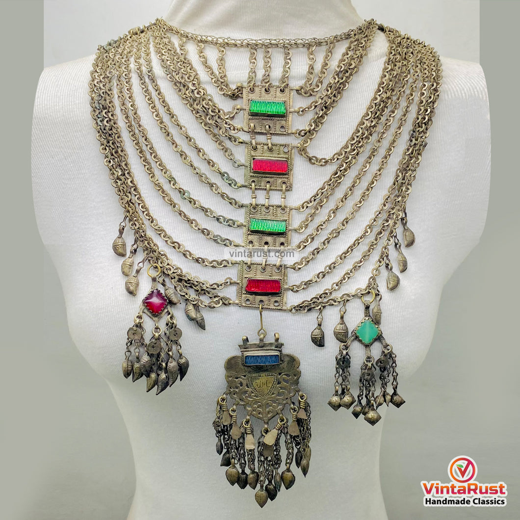 Vintage Afghan Tribal Multilayer Necklace with Glass Stones