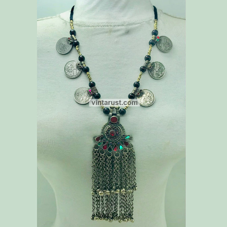 Vintage Beaded Coins Pendant Necklace