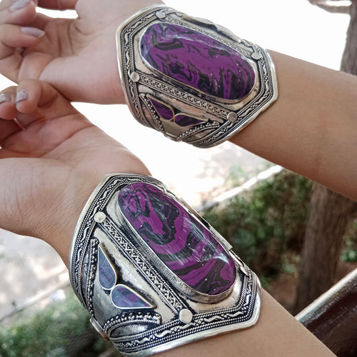 Vintage Bohemian Silver Cuff with Purple Stone