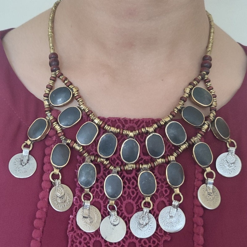 Vintage Dangle Coins and Stones Necklace