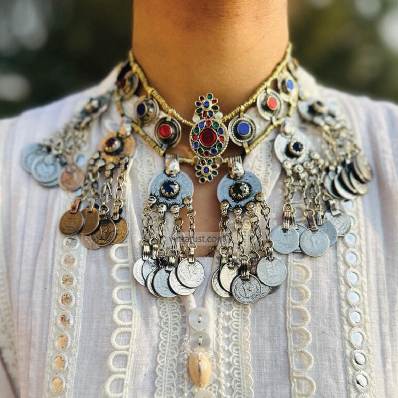 Vintage Dangling Coins Necklace With Green and Red Glass Stones
