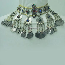 Load image into Gallery viewer, Vintage Dangling Coins Necklace With Green and Red Glass Stones
