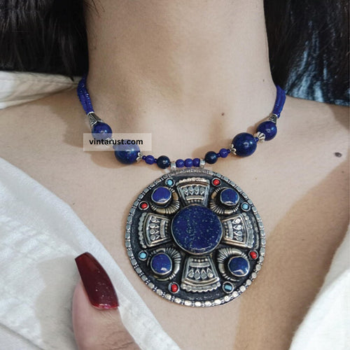 Handmade Lapis Lazuli Stone Beaded Pendant Necklace