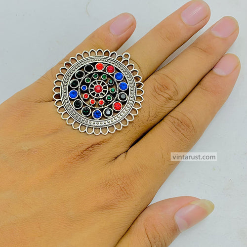 Vintage Silver Statement Ring with Multicolor Stones