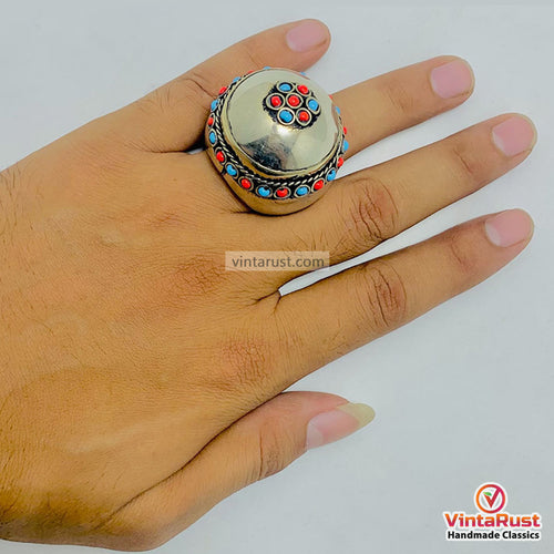 Vintage Handmade Tibetan Round Coral Ring