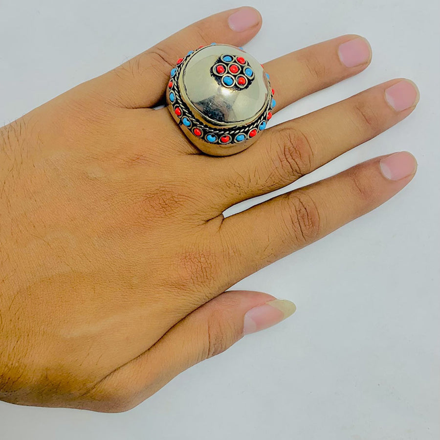 Vintage Handmade Tibetan Round Coral Ring
