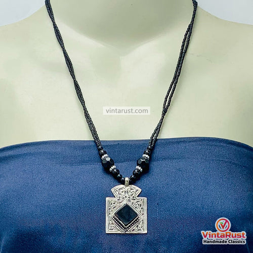 Vintage Black Stone Double Chain Beaded Necklace
