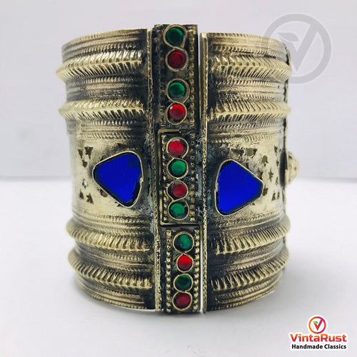 Vintage Kuchi Cuff Bracelet With Blue Glass Stones