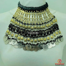 Load image into Gallery viewer, Vintage Massive Black Choker Necklace With Glass Stones and Coins
