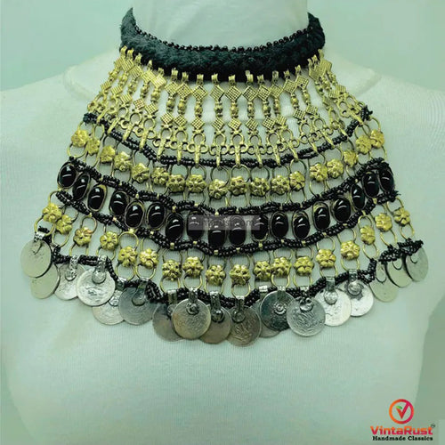 Vintage Massive Black Choker Necklace With Glass Stones and Coins