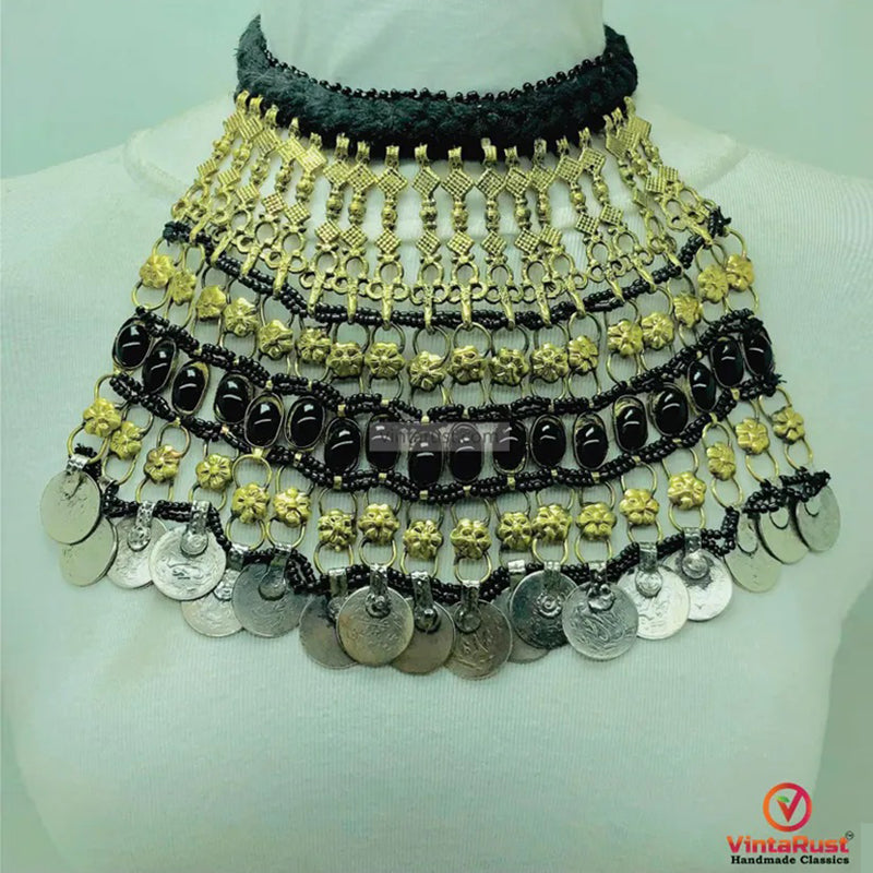 Vintage Massive Black Choker Necklace With Glass Stones and Coins