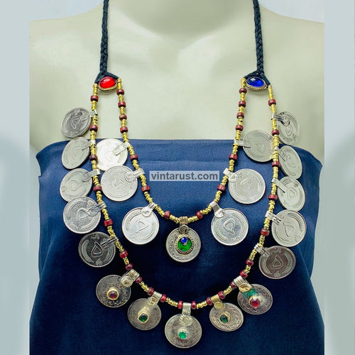 Vintage Multi-Strand Coins Necklace With Beaded Chain