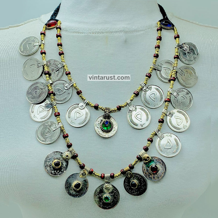 Vintage Multi-Strand Coins Necklace With Beaded Chain