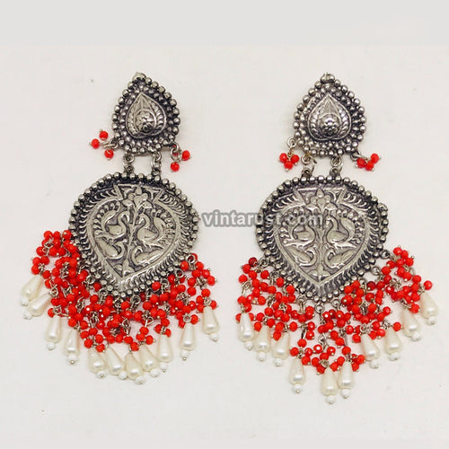 Vintage Oxidized Earrings With Red Beads