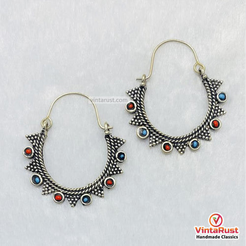 Vintage Oxidized Silver Tribal Hoop Earrings