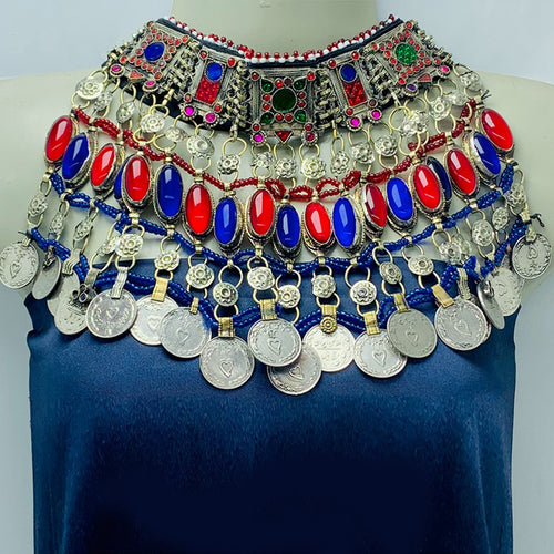 Vintage Red and Blue Coins Choker Necklace